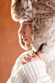 autumn winter man with brown fur  hat portrait