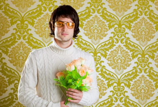 retro hip young man vintage glasses holding valentines flowers bouquet on wallpaper
