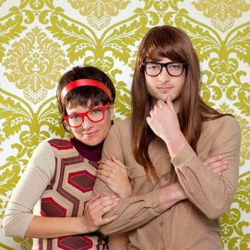 Funny humor silly nerd couple on retro vintage wallpaper background
