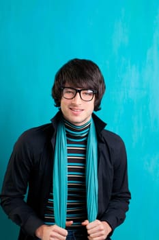 Nerd retro british indie look with handkerchief and vintage glasses