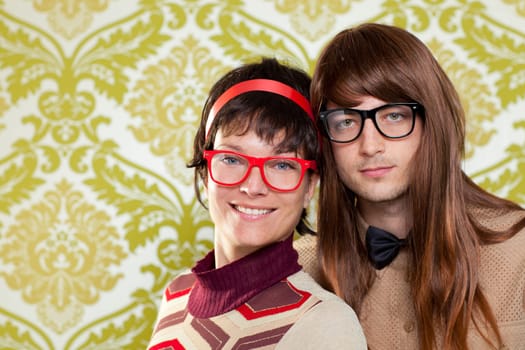 Funny humor silly nerd couple on retro vintage wallpaper background
