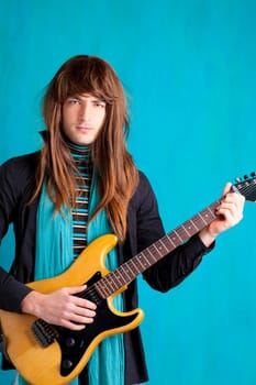 Hard rock seventies electric guitar player man with long hair
