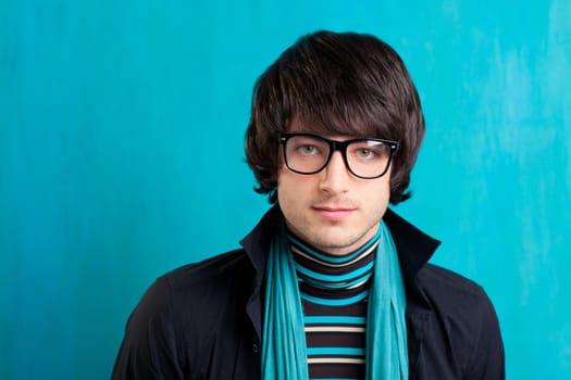 Nerd retro british indie look with handkerchief and vintage glasses