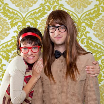 Funny humor silly nerd couple on retro vintage wallpaper background