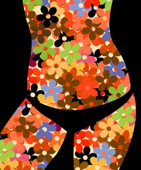 Conceptual background graphic with a bikini girl silhouette and floral pattern