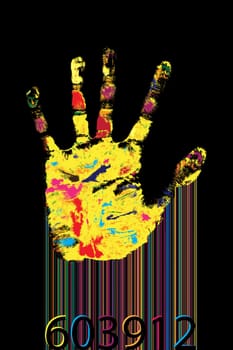Multicolored hand print and bar-code against black background.