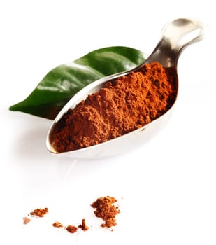 Cacao leaf and cacao powder in spoon isolated on white