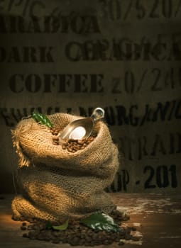 Small rustic hessian bag filled to overflowing with fresh roasted coffee beans and topped with a small trowel and green leaves on a dark background with copyspace
