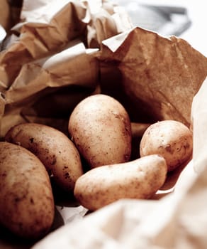 Closeup of fresh unwashed potatoes for sale at market in a recyclable brown paper bag