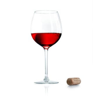 Red wine isolated with a cork isolated on white background. Maybe for dry Burgundy,Sauvignon or Merlot concepts