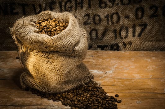 Hollow woven bag full of coffee under beautiful lighting