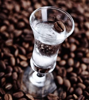Clear coffee sambuca in a tall glass surronded by unground beans