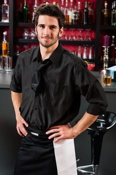 Portrait of handsome barman standing in front of the bar