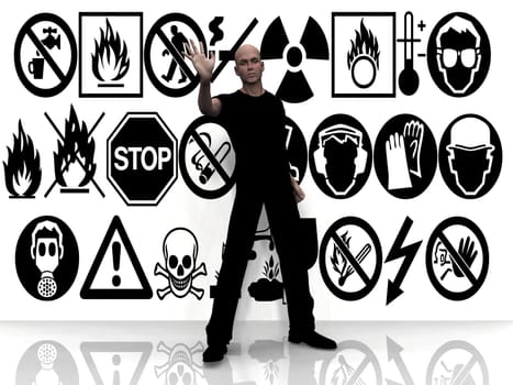 man and danger signs