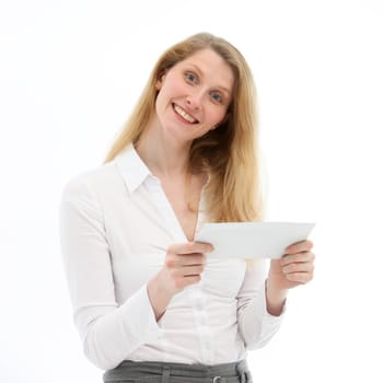 Young woman is happy about an important letter. She laughs happily and holds the letter in her hands - Square - against white background