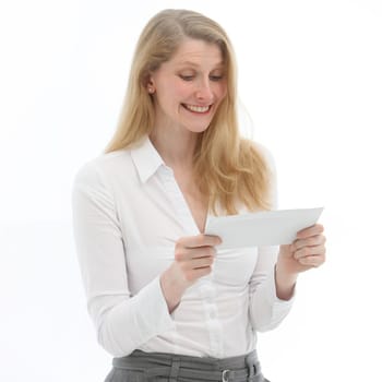 Young woman enjoying a letter -Square- in front of a white background