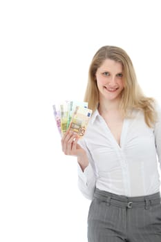 Young woman holding many euro bills in her hand and smiling clipping with text space
