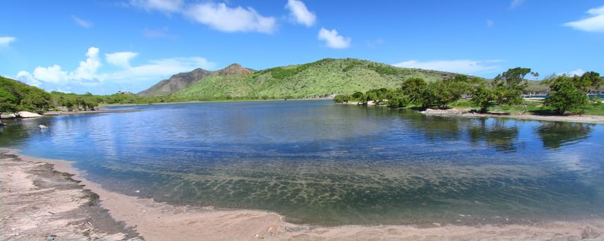View of Majors Bay Beach and lagoon on Saint Kitts.