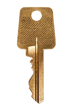 Macro view of an old golden key, isolated on a white background