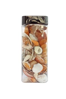 Heap of seashells in plastic jar isolated on a white