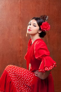 Flamenco dancer Spain woman gipsy with red rose and spanish peineta comb