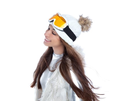 asian indian brunette winter girl with snow fur cap and ski glasses