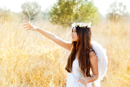 Angel etchnic woman in golden field with feather white wings and flowers crown