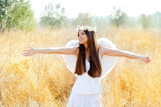 Angel etchnic woman in golden field with feather white wings and flowers crown