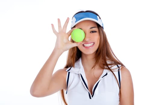 brunette tennis girl with white dress and sun visor cap with green ball
