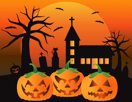 Halloween Jack O Lantern Pumpkins with Church Moon Black Cat and Bats Illustration