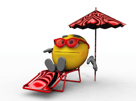 Smiley sits under an umbrella