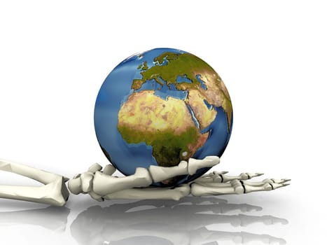 the earth in a skeleton hand