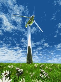 one wind turbane in grass and flowers