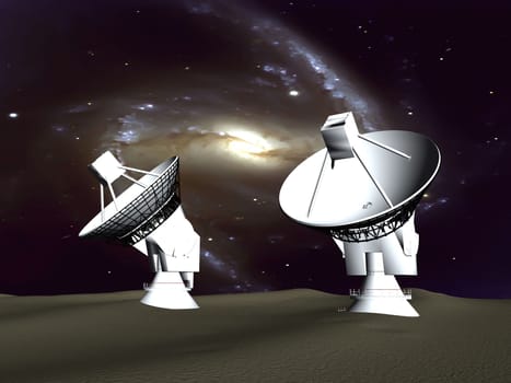 two telescopes and a spiral galaxy
