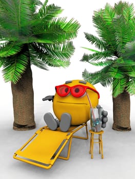 smiley on lounge chair with a drink and palm trees