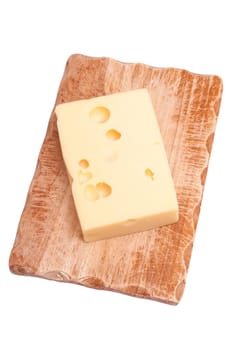 Emmental cheese with wooden board white isolated