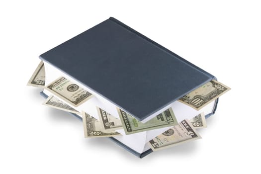 American dollars tucked between the pages of thick book