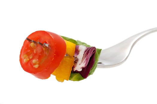 Fork with fresh salad,healthy food against white background