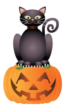 Halloween Black Cat Sitting on Jack-O-Lantern Pumpkin Illustration