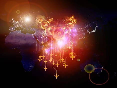 Rendering of city light map (courtesy of NASA), abstract lights and symbols on the subject of global transportation, communication and travel
