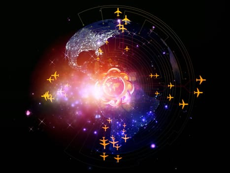 Rendering of city light map (courtesy of NASA), abstract lights and symbols on the subject of global transportation, communication and travel