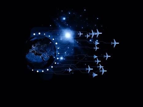 Rendering of city light map (courtesy of NASA), abstract lights and symbols on the subject of global transportation, communication and travel