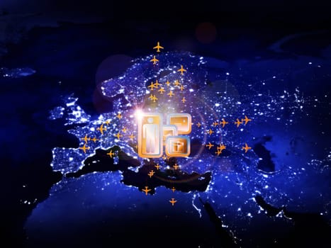 Rendering of city light map (courtesy of NASA), abstract lights and symbols on the subject of global transportation, travel, mail and shipping