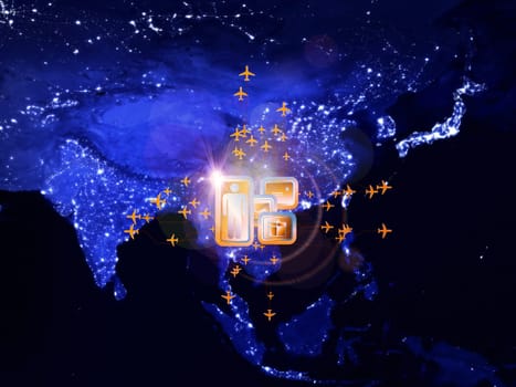 Rendering of city light map (courtesy of NASA), abstract lights and symbols on the subject of global transportation, travel, mail and shipping
