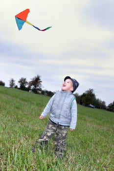 little boy with kite fly on meadow in autumn