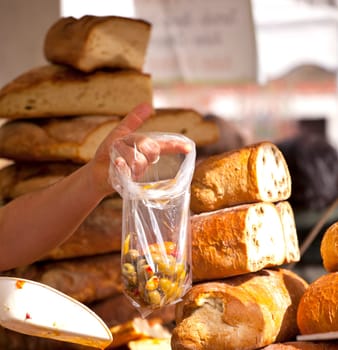 Olives and bread in a Street market