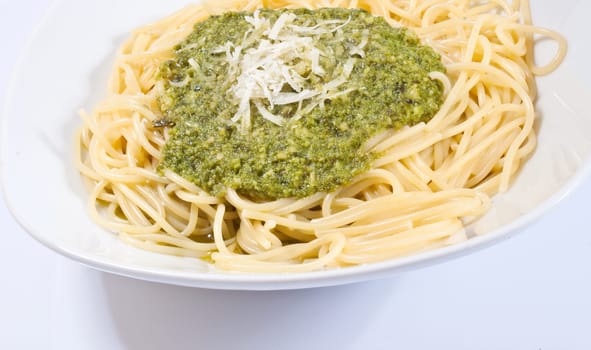 Pasta with pesto on white background, Genovese recipe