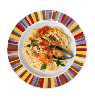 Spaghetti with mussels on white background