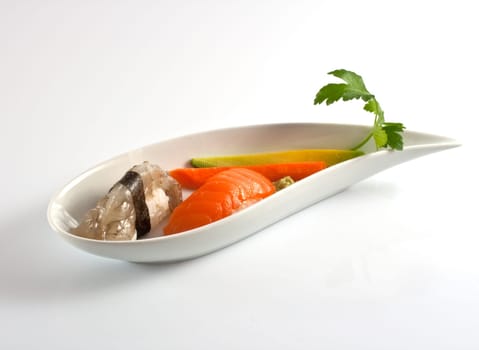 Sushi, shrimp nighiri on white
