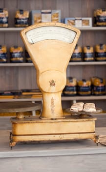 Vintage kitchen scales, Italian pasta on the background